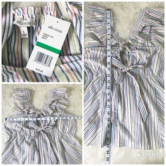 ELLA MOSS Striped Babydoll Top Square Neckline Flutter Sleeve Medium Large New - Picture 14 of 16